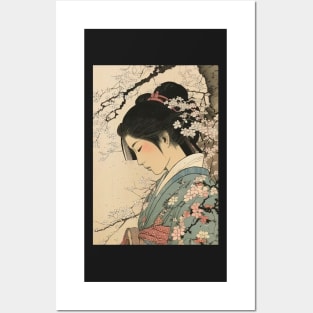 Ukiyo-e Japanese Art - Beautiful Woman Meditating Under a Cherry Blossom Tree Posters and Art